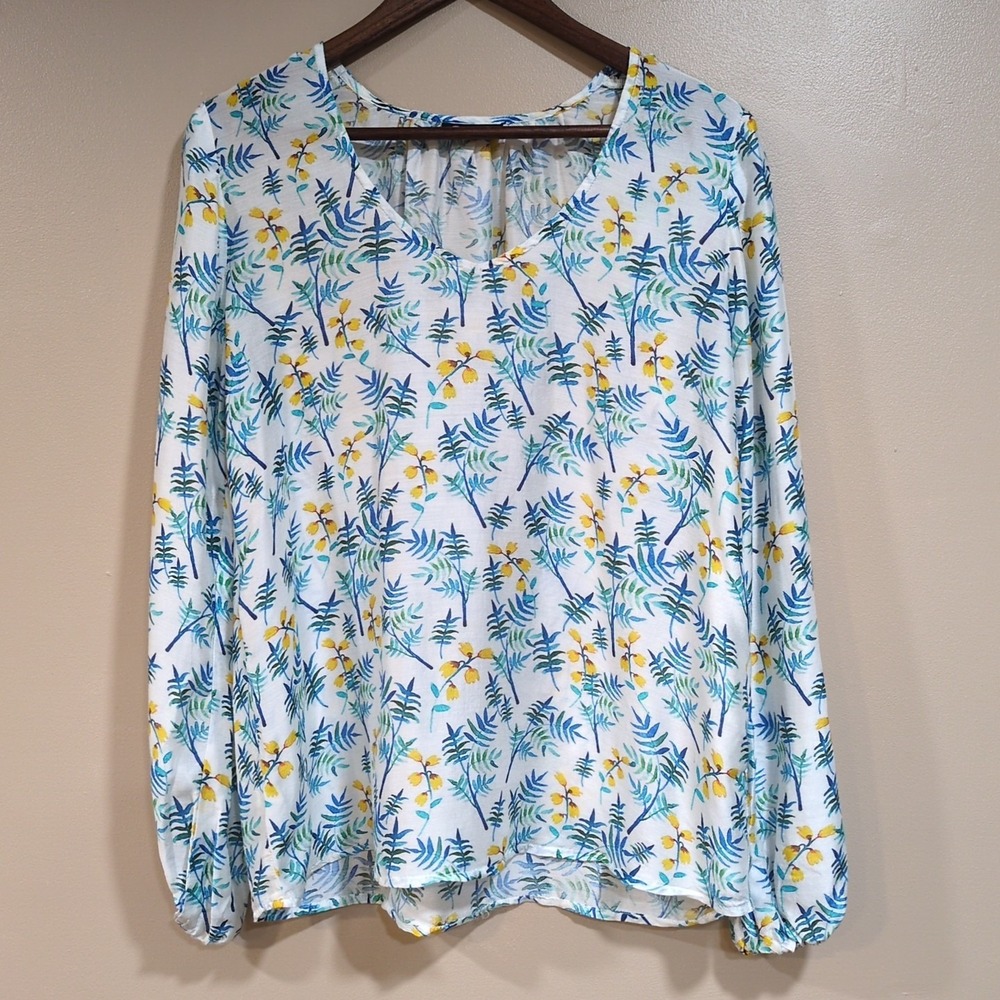 APNY Floral Blouse‎ Womens XS Blue Yellow Coastal Cottage Tropical Work Church